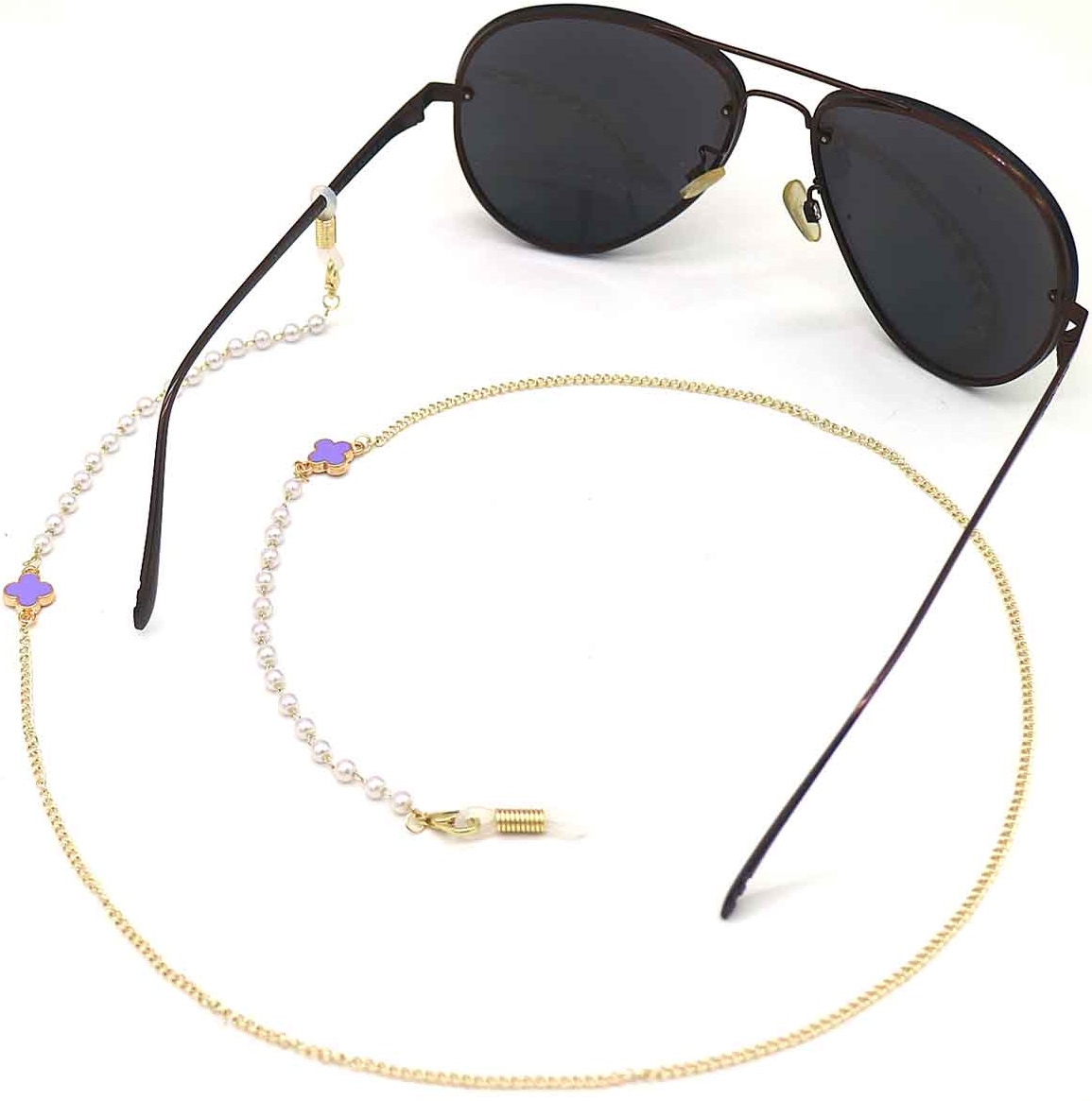 A-A8.2 GL004-054-2 Sunglass Chain Pearls Clover Purple