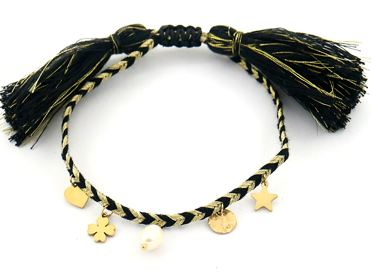 B-E3.1 B220-033G S. Steel Rope Bracelet with Charms and Pearl Black-Gold